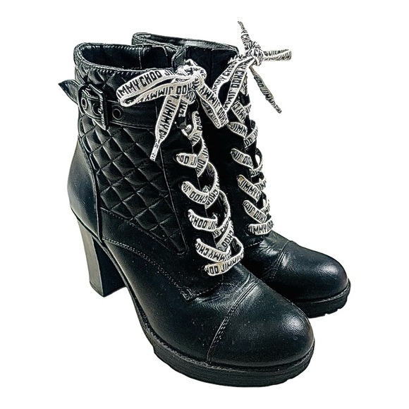 Guess Black Quilted Leather Lace-Up Ankle Boots with Jimmy Choo Shoe Strings - Picture 1 of 4